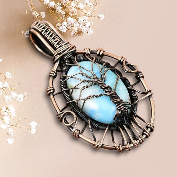 Handmade ✦ Copper Wire Wrap Tree of Life Pendant ✦ Oval Larimar Stone Necklace - Picture 3 of 9